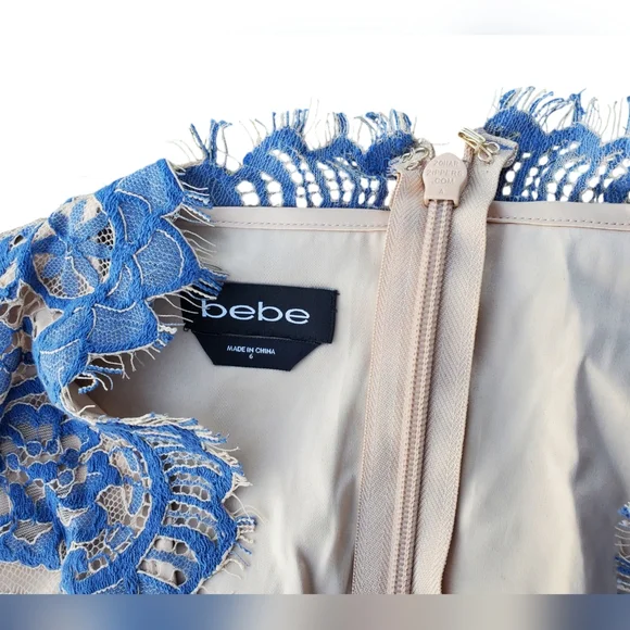 ✨️HP✨️Bebe Valorie Lace Godet Dress - Blue & Nude Size 6 - Picture 7 of 8